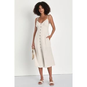 Effortless Sun Beige Linen Summer Midi Dress